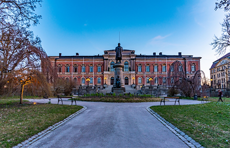 Statue and fountain in front of a university building
