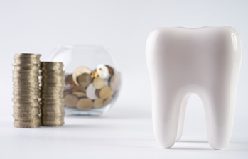 Model of a tooth next to stacks of coins